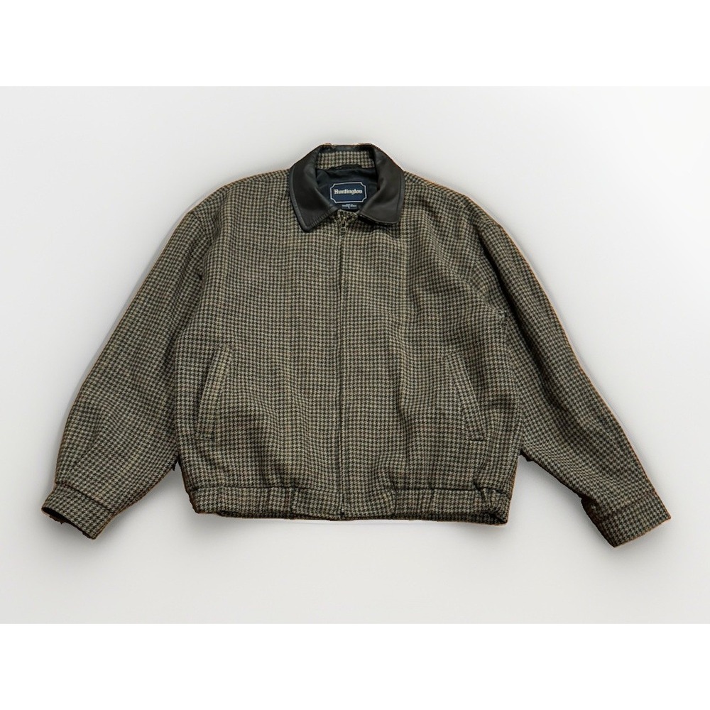 Huntington Tweed Houndstooth Harrington Bomber Jacket L Leather Collar Check RRL